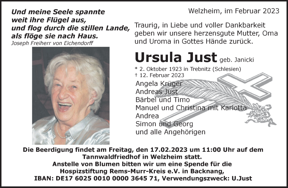 Traueranzeigen Von Ursula Just Zvw Trauer