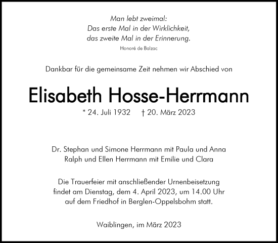 Traueranzeigen Von Elisabeth Hosse Herrmann Zvw Trauer