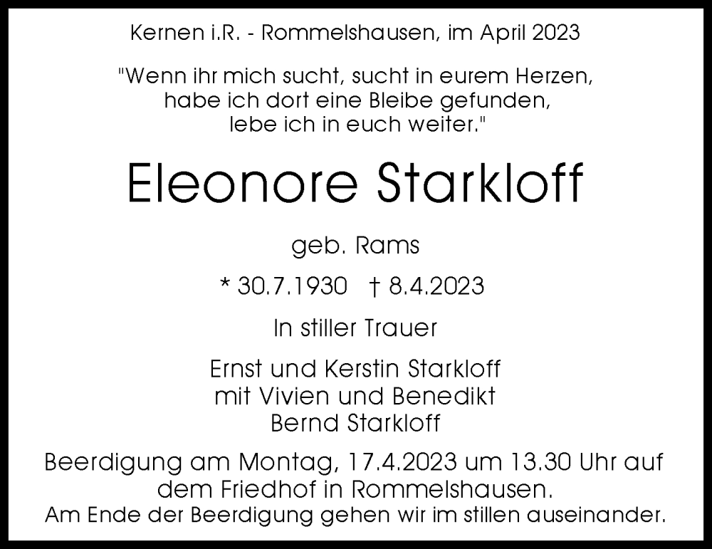 Traueranzeigen Von Eleonore Starkloff ZVW Trauer