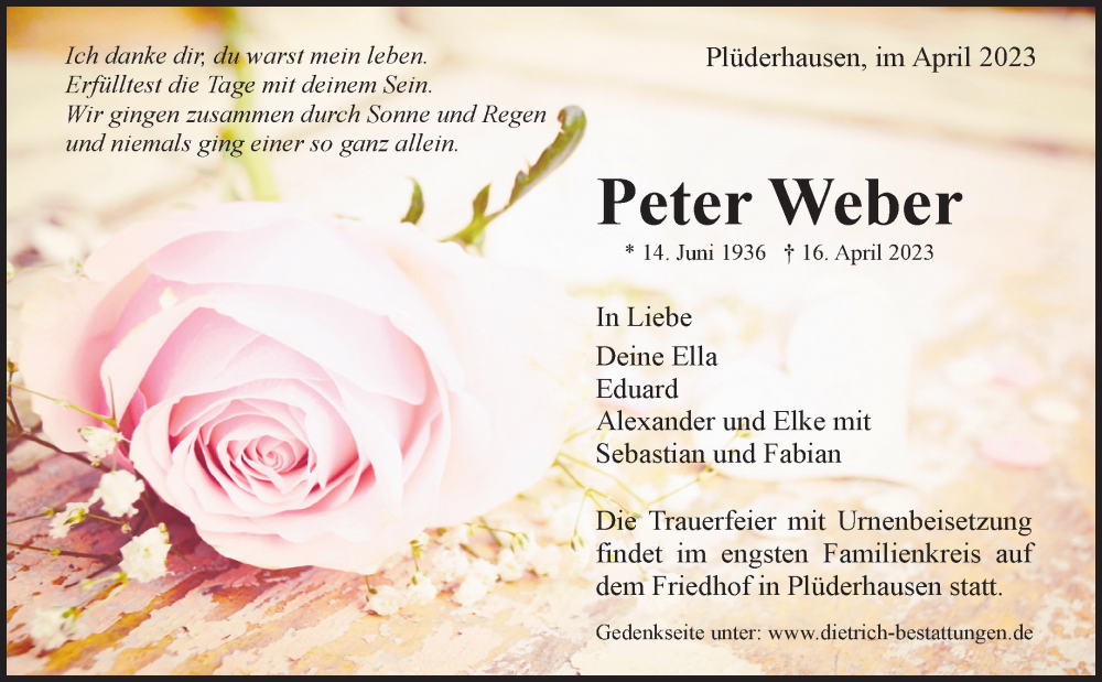 Traueranzeigen Von Peter Weber Zvw Trauer