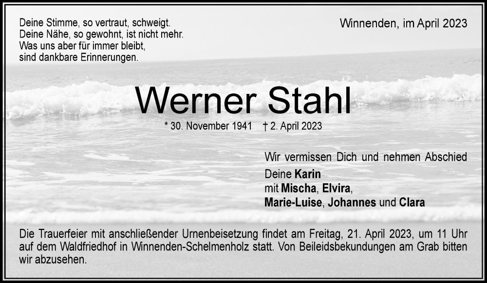 Traueranzeigen Von Werner Stahl ZVW Trauer