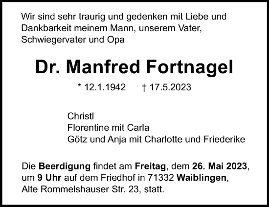 Traueranzeigen Von Manfred Fortnagel ZVW Trauer