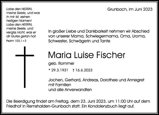 Traueranzeigen Von Maria Luise Fischer Zvw Trauer