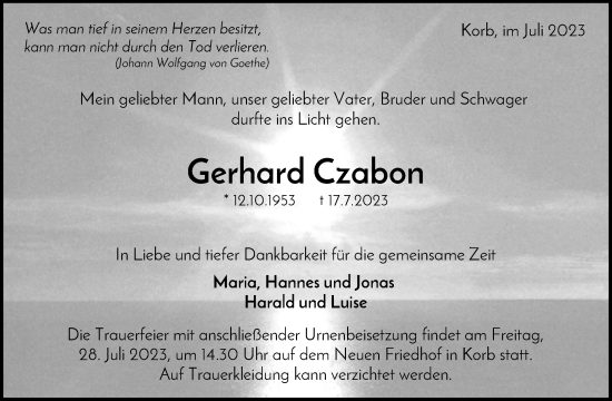 Traueranzeigen Von Gerhard Czabon ZVW Trauer