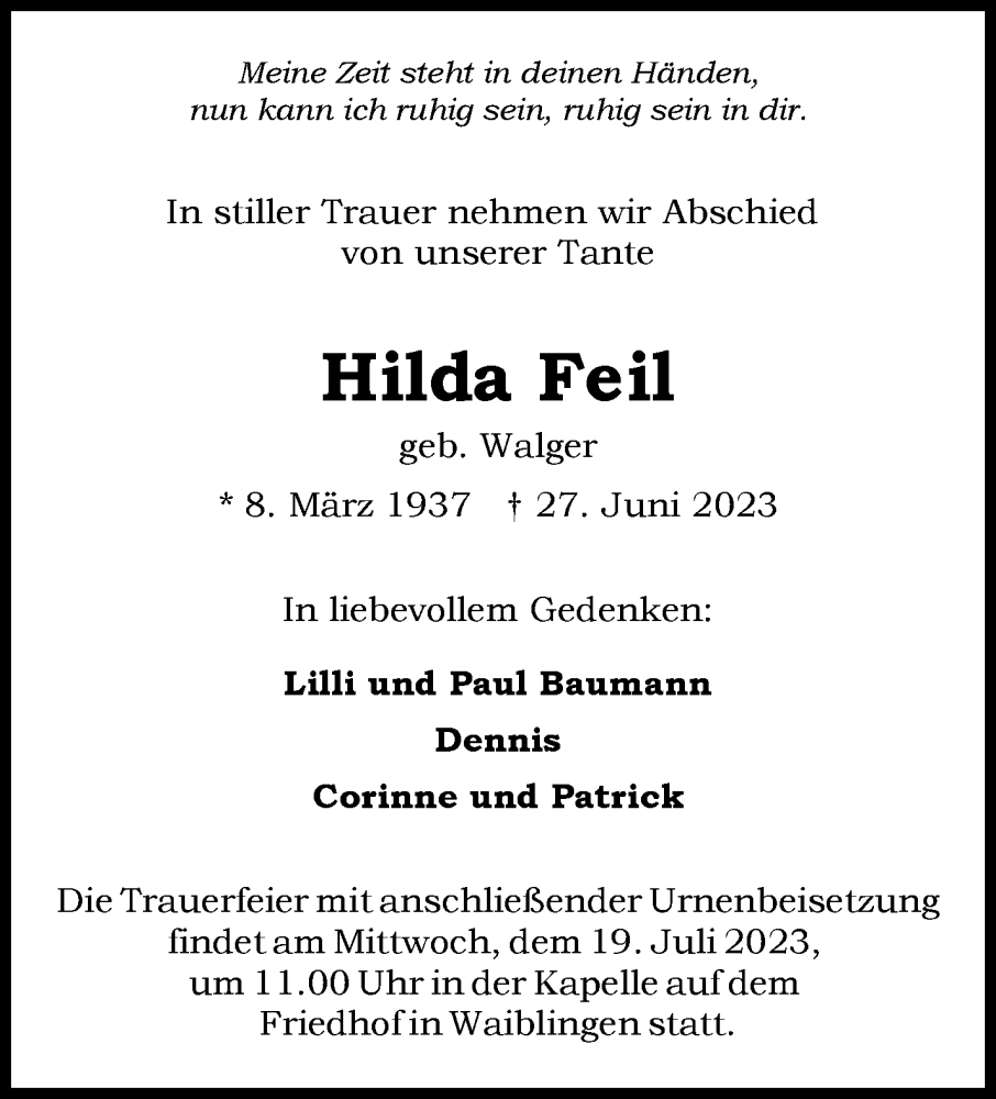 Traueranzeigen Von Hilda Feil ZVW Trauer