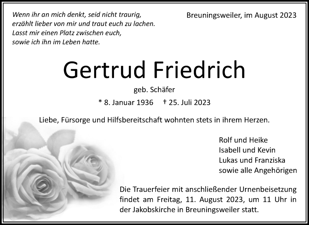 Traueranzeigen Von Gertrud Friedrich ZVW Trauer