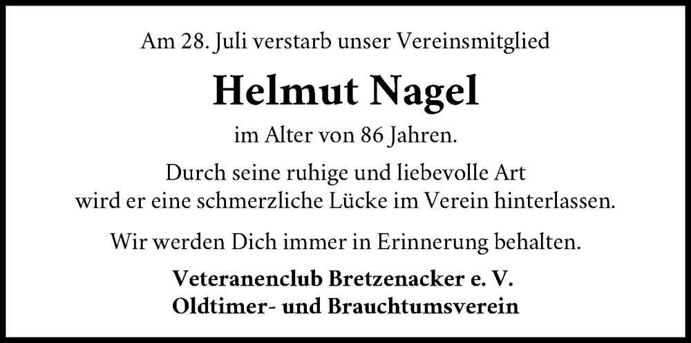 Traueranzeigen Von Helmut Nagel ZVW Trauer