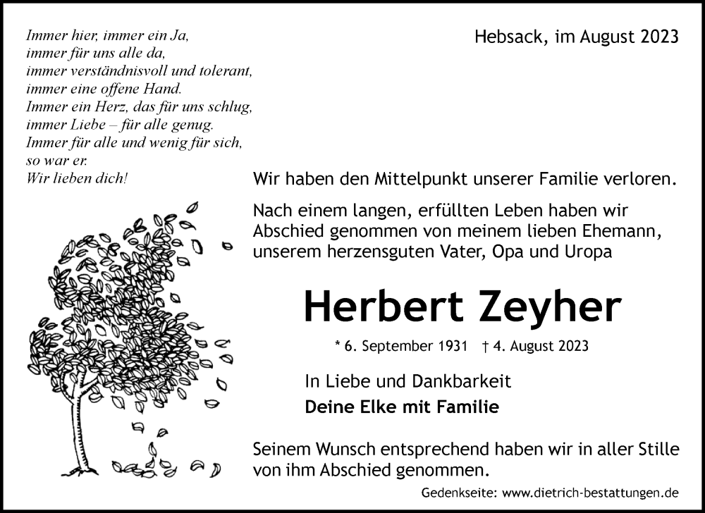 Traueranzeigen Von Herbert Zeyher Zvw Trauer