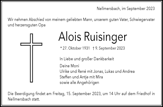 Traueranzeigen Von Alois Ruisinger Zvw Trauer