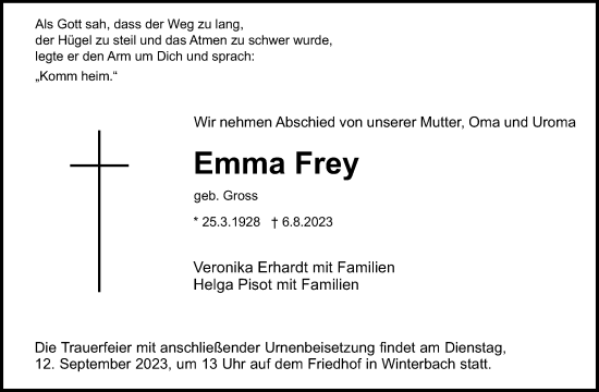 Traueranzeigen Von Emma Frey Zvw Trauer