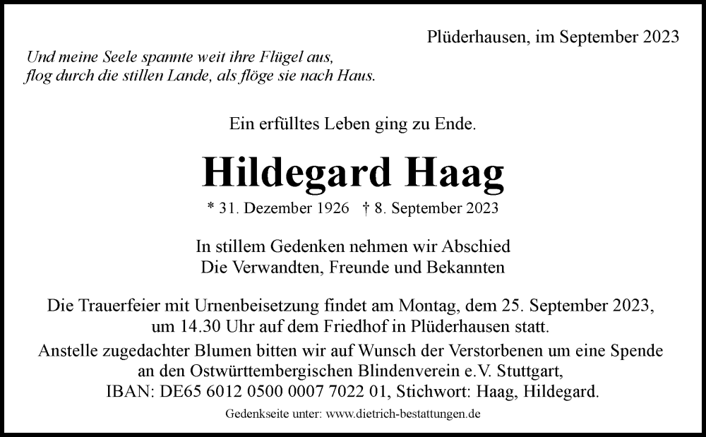 Traueranzeigen Von Hildegard Haag ZVW Trauer