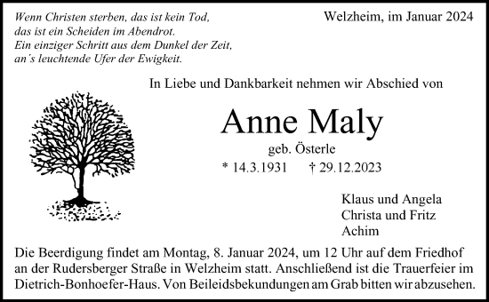 Traueranzeigen Von Anne Maly Zvw Trauer