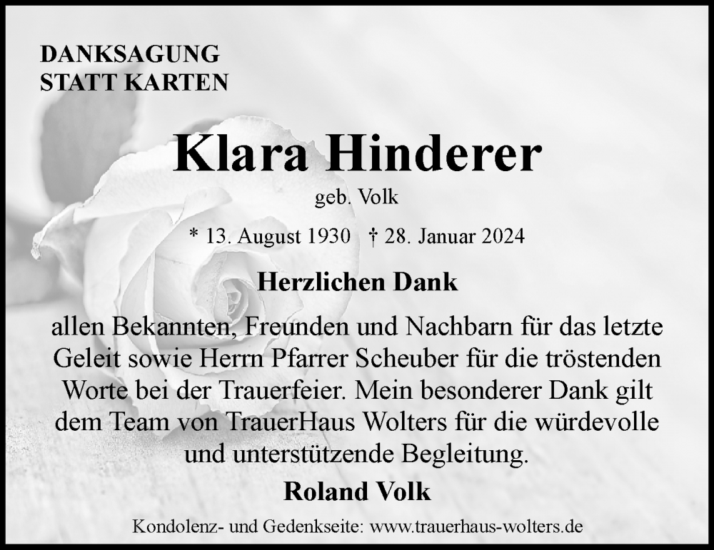 Traueranzeigen Von Klara Hinderer Zvw Trauer