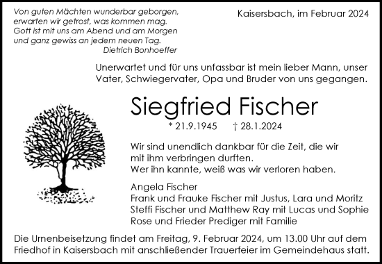 Traueranzeigen Von Siegfried Fischer ZVW Trauer