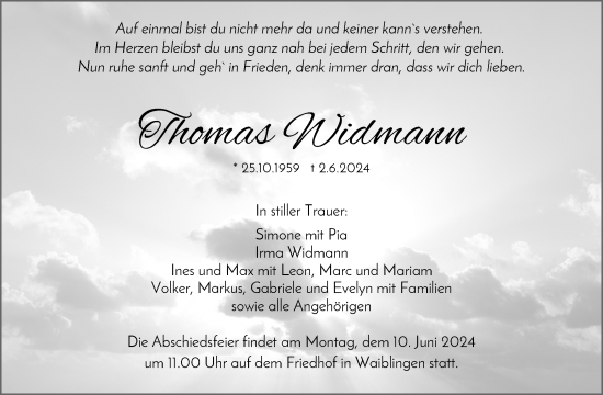 Traueranzeigen Von Thomas Widmann Zvw Trauer