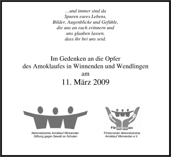 Traueranzeige von In Gedenken Amoklaufes in Winnenden und Wendlingen von Waiblinger Kreiszeitung