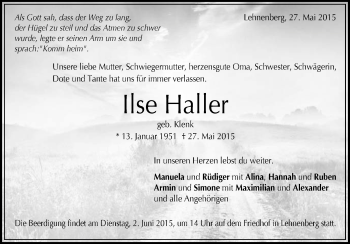 Traueranzeige von Ilse Haller von Waiblinger Kreiszeitung