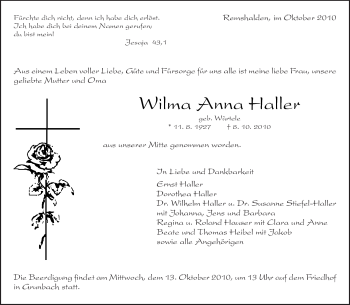 Traueranzeige von Wilma Anna Haller von Kreiszeitung Waiblingen