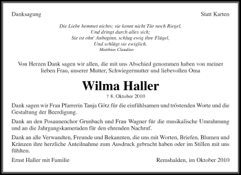 Traueranzeige von Wilma Haller von Kreiszeitung Waiblingen