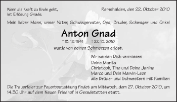 Traueranzeige von Anton Gnad von Kreiszeitung Waiblingen