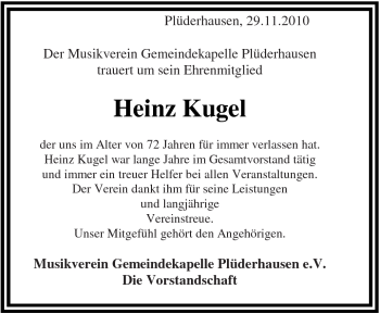 Traueranzeigen von Heinz Kugel | ZVW-Trauer