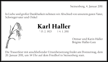 Traueranzeige von Karl Haller von Kreiszeitung Waiblingen