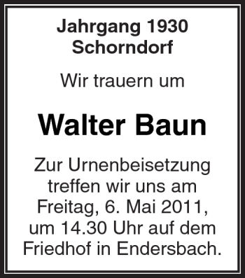 Traueranzeigen Von Walter Baun 