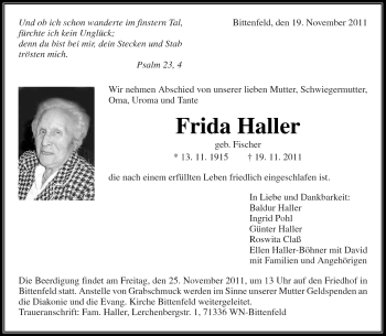 Traueranzeige von Frida Haller von Kreiszeitung Waiblingen