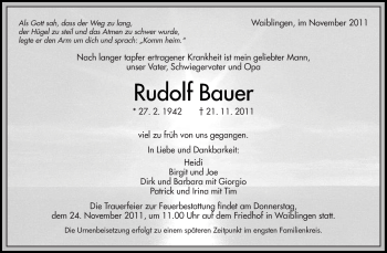 Traueranzeige von Rudolf Bauer von Kreiszeitung Waiblingen