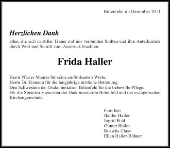 Traueranzeige von Frida Haller von Kreiszeitung Waiblingen