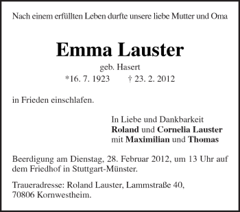 Traueranzeige von Emma Lauster von Kreiszeitung Waiblingen