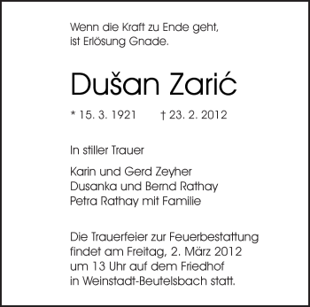 Traueranzeige von Dusan Zaric von Kreiszeitung Waiblingen