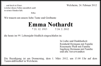 Traueranzeige von Emma Nothardt von Kreiszeitung Waiblingen