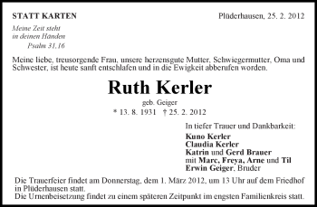 Traueranzeige von Ruth Kerler von Kreiszeitung Waiblingen