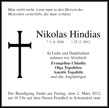 Traueranzeige von Nikolas Hindias von Kreiszeitung Waiblingen