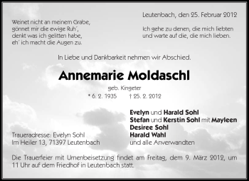 Traueranzeige von Annemarie Moldaschl von Kreiszeitung Waiblingen