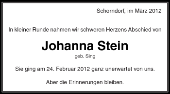 Traueranzeige von Johanna Stein von Kreiszeitung Waiblingen