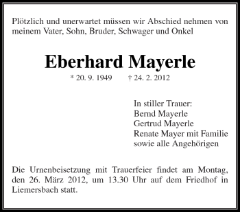 Traueranzeige von Eberhard Mayerle von Kreiszeitung Waiblingen