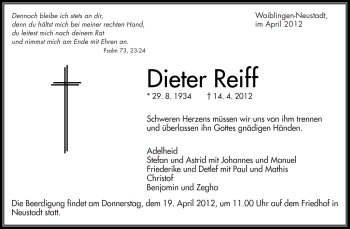 Traueranzeige von Dieter Reiff von Kreiszeitung Waiblingen