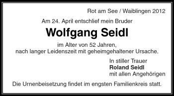Traueranzeige von Wolfgang Seidl von Kreiszeitung Waiblingen