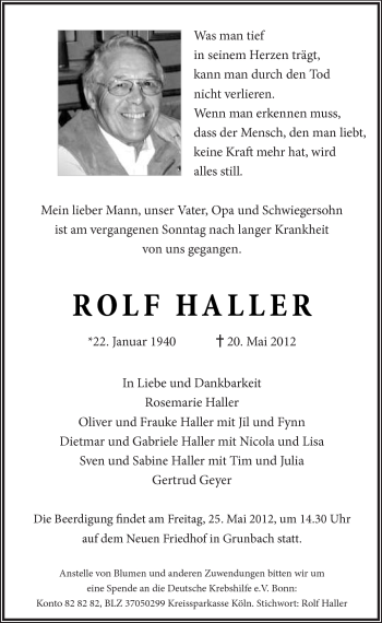 Traueranzeige von Rolf Haller von Kreiszeitung Waiblingen