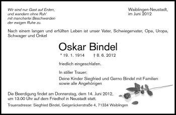 Traueranzeige von Oskar Bindel von Kreiszeitung Waiblingen