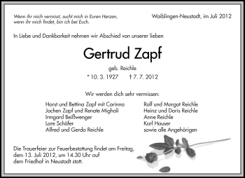 Traueranzeige von Gertrud Zapf von Kreiszeitung Waiblingen