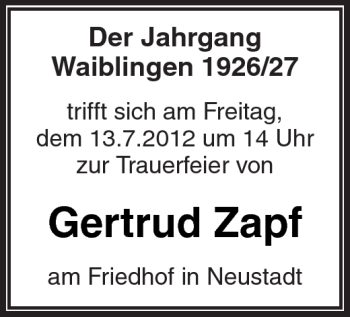 Traueranzeige von Gertrud Zapf von Kreiszeitung Waiblingen