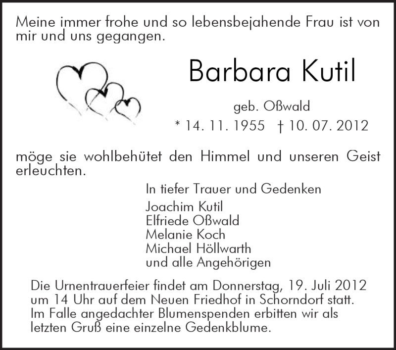  Traueranzeige für Barbara Kutil vom 17.07.2012 aus Kreiszeitung Waiblingen