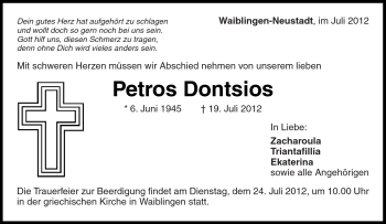 Traueranzeige von Petros Dontsios von Kreiszeitung Waiblingen