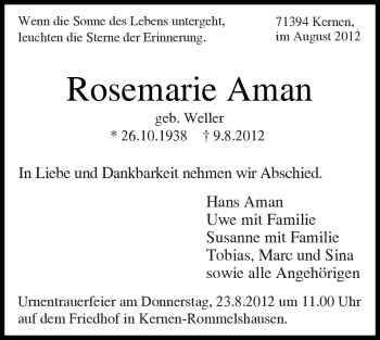 Traueranzeige von Rosemarie Aman von Kreiszeitung Waiblingen