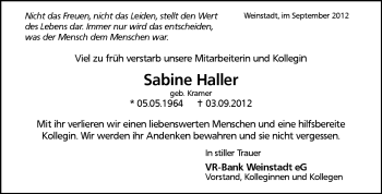 Traueranzeige von Sabine Haller von Waiblinger Kreiszeitung