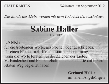 Traueranzeige von Sabine Haller von Waiblinger Kreiszeitung