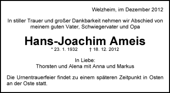 Traueranzeige von Hans-Joachim Ameis von Waiblinger Kreiszeitung